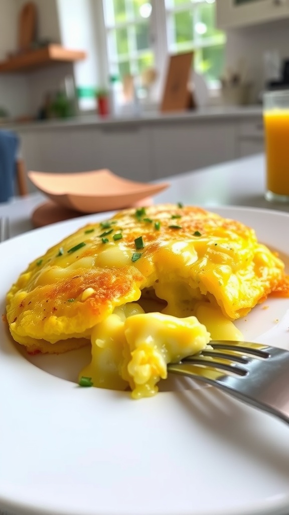 A fluffy cheese omelette filled with melted cheese, garnished with herbs, on a white plate with a fork.